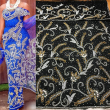 Load image into Gallery viewer, BLACK Net lace Heavy beaded VIP African  George wrapper set - NLVG094
