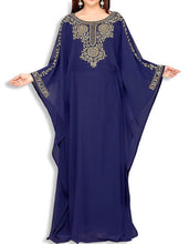 Load image into Gallery viewer, Navy Blue Islamic Kaftan Front Neck Stone  Long Ruffles Party Dress - K030
