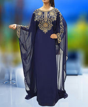 Load image into Gallery viewer, Navy Blue Islamic Kaftan Front Neck Stone  Long Ruffles Party Dress - K030
