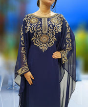 Load image into Gallery viewer, Navy Blue Islamic Kaftan Front Neck Stone  Long Ruffles Party Dress - K030
