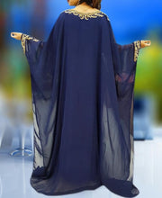 Load image into Gallery viewer, Navy Blue Islamic Kaftan Front Neck Stone  Long Ruffles Party Dress - K030
