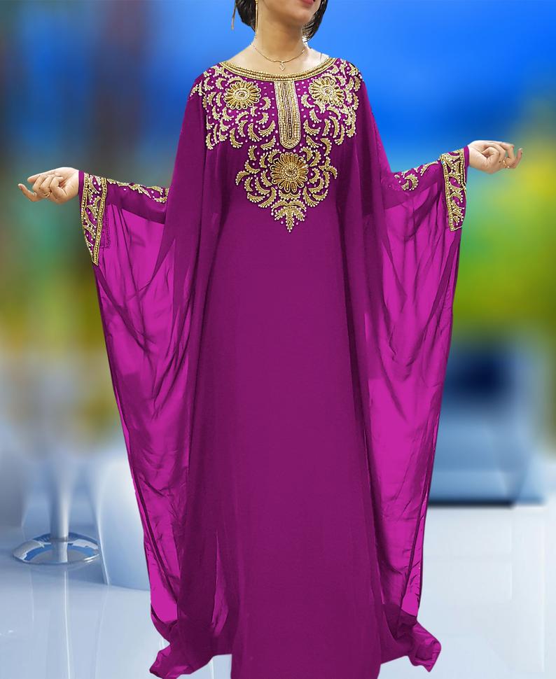 Navy Blue Islamic Kaftan Front Neck Stone  Long Ruffles Party Dress - K030