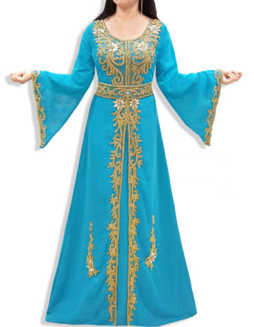 Heavy bead work muslim dress o-neck ankle length loose fitting comfortable dress