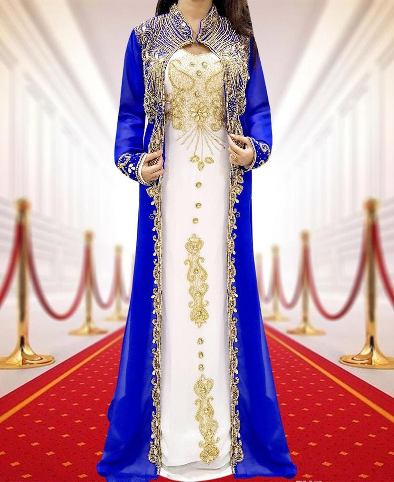 African Wedding Kaftan Dress, Dubai Kaftan, Royal Blue Beaded