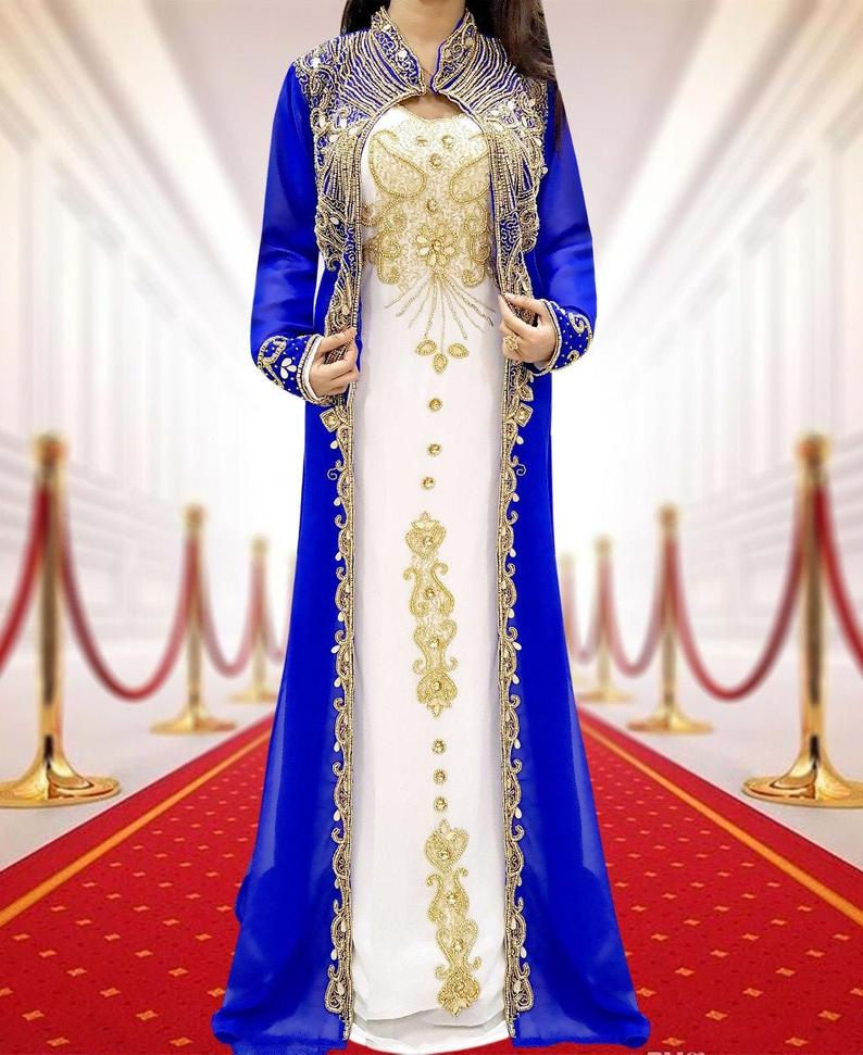 African Wedding Kaftan Dress, , Dubai Kaftan, Royal Blue Beaded Evening Gown - K050