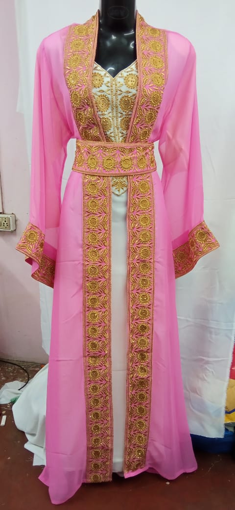 Front Opened Golden Button Embroidery Beaded Chiffon Dubai  Kaftan Wedding Dress - K052
