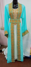 Load image into Gallery viewer, Front Opened Golden Button Embroidery Beaded Chiffon Dubai  Kaftan Wedding Dress - K052
