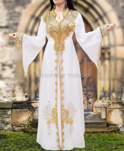 Load image into Gallery viewer, White Beaded work kaftan long sleeves with stand collar beaded long kaftan - K053
