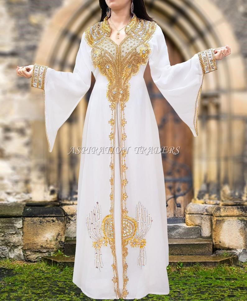 White Beaded work kaftan long sleeves with stand collar beaded long kaftan - K053