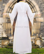 Load image into Gallery viewer, White Beaded work kaftan long sleeves with stand collar beaded long kaftan - K053
