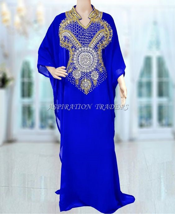 Royal Blue Beautiful Arabic collar pattern V neck  party wear Islamic kaftan- K055