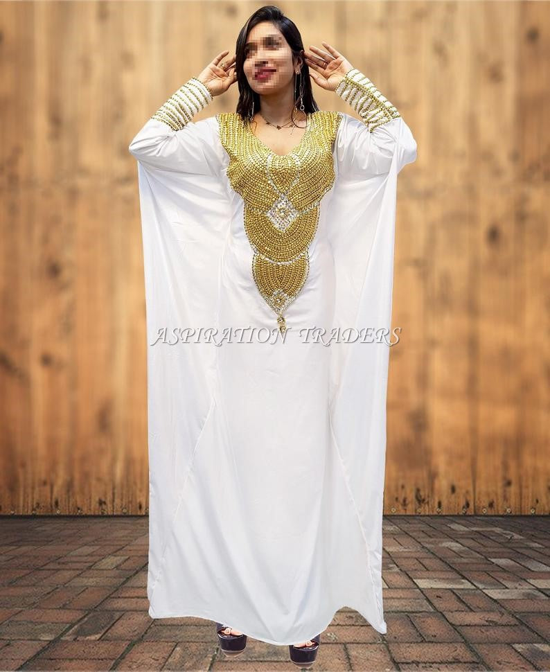 Embellished Deep neck  Beaded Modest White  Lycra Kaftan Abaya Evening Gown - K056