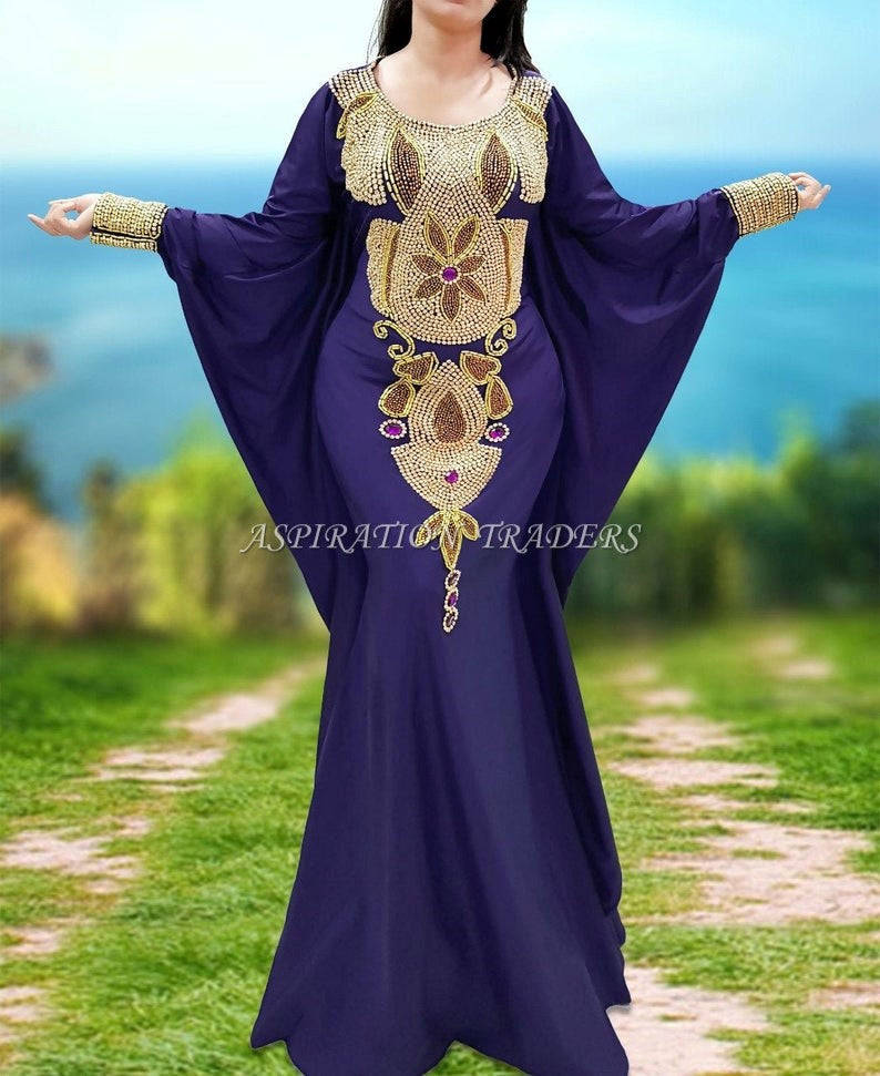 Purple Color Lycra Beaded Evening Long Party Abaya African Kaftan Dresses for Women - K057