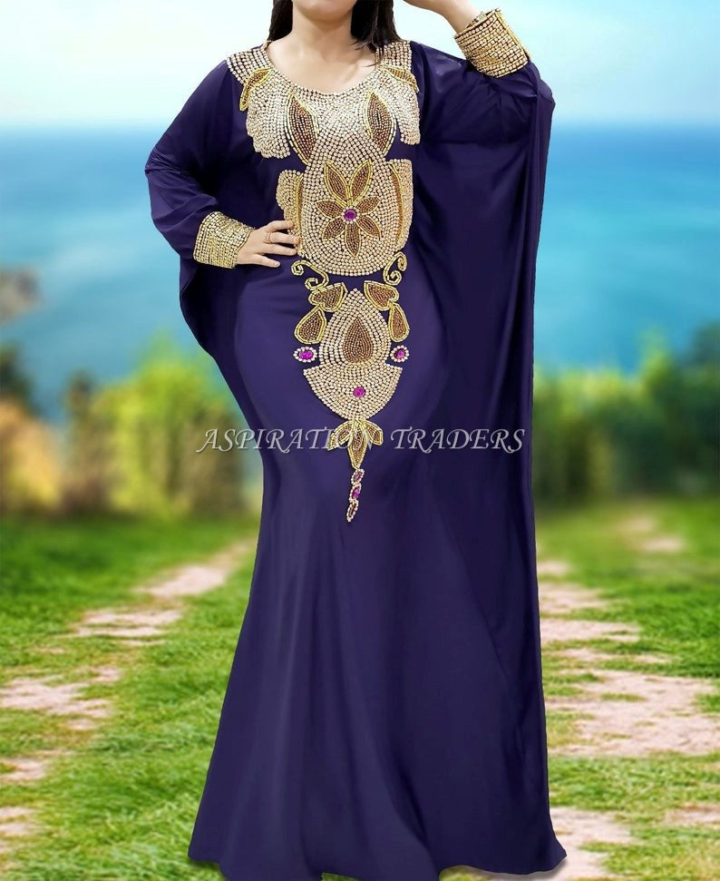 Purple Color Lycra Beaded Evening Long Party Abaya African Kaftan Dresses for Women - K057