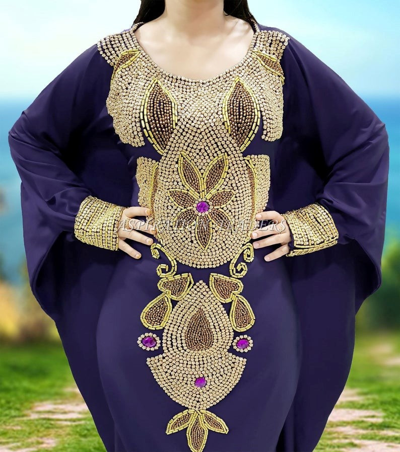 Purple Color Lycra Beaded Evening Long Party Abaya African Kaftan Dresses for Women - K057