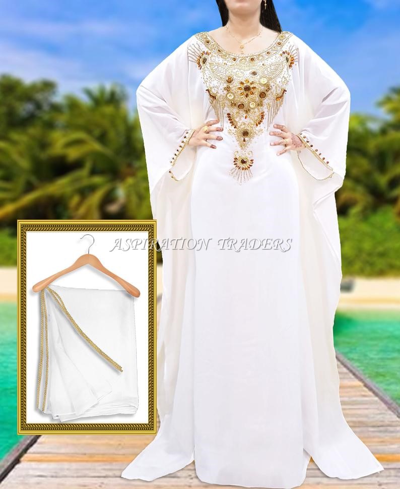 New Latest Stylish White Kaftan Intricate Golden Embroidery Dress For Women - K059