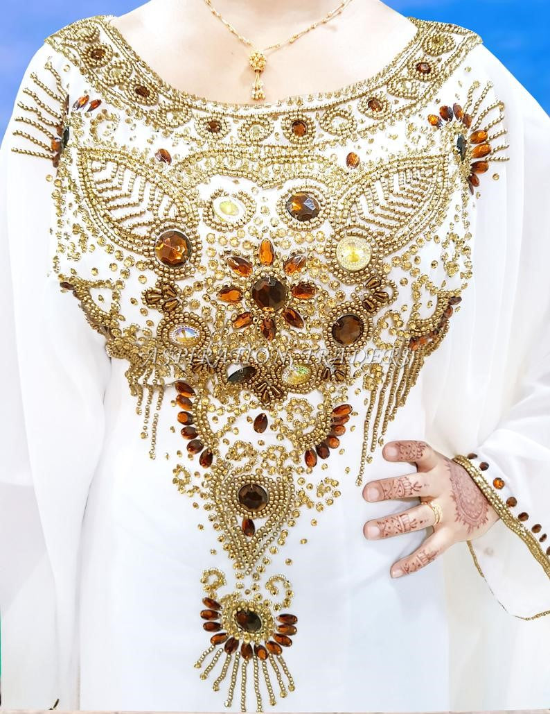 New Latest Stylish White Kaftan Intricate Golden Embroidery Dress For Women - K059
