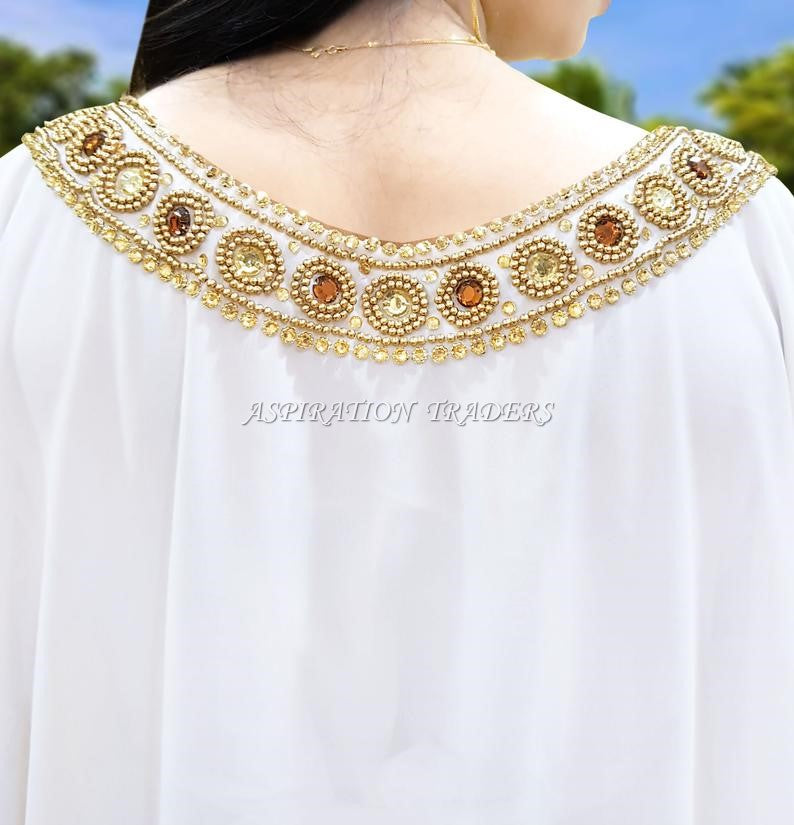 New Latest Stylish White Kaftan Intricate Golden Embroidery Dress For Women - K059