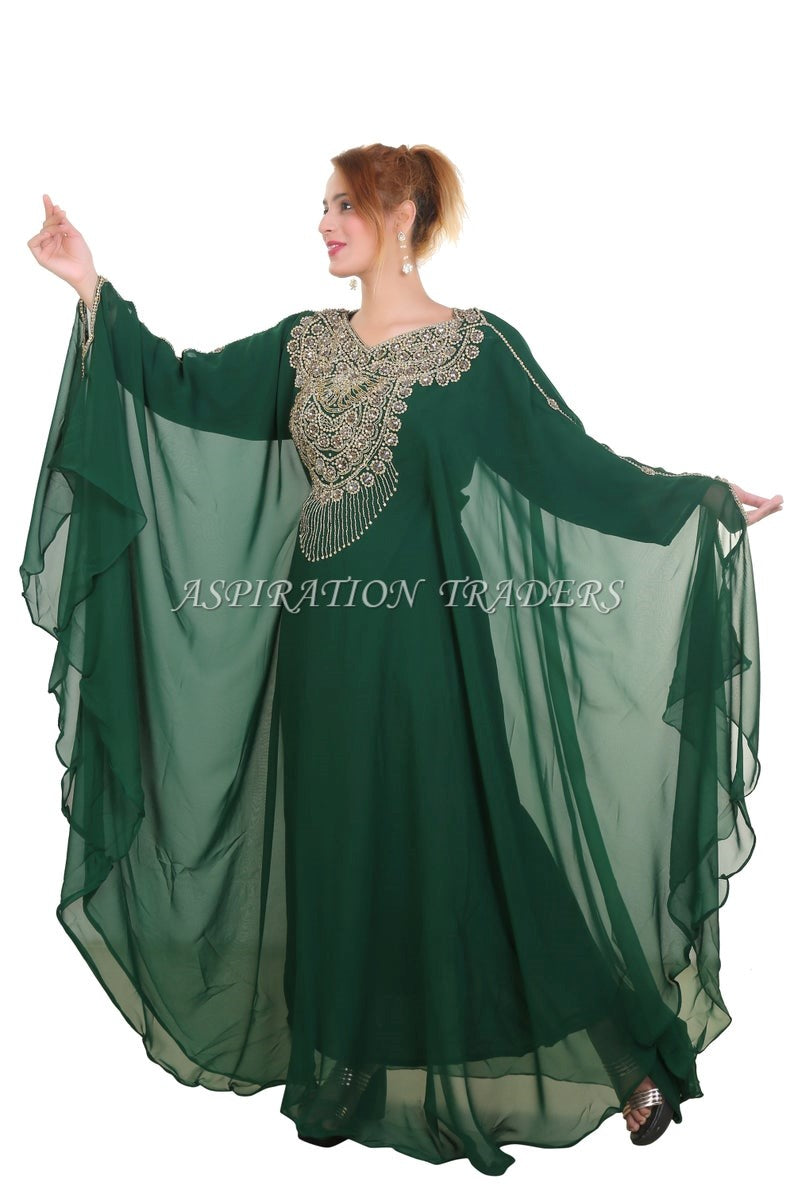 New Designer Bottle Green Party Wear With Beaded Chiffon Kaftan For Women - K063