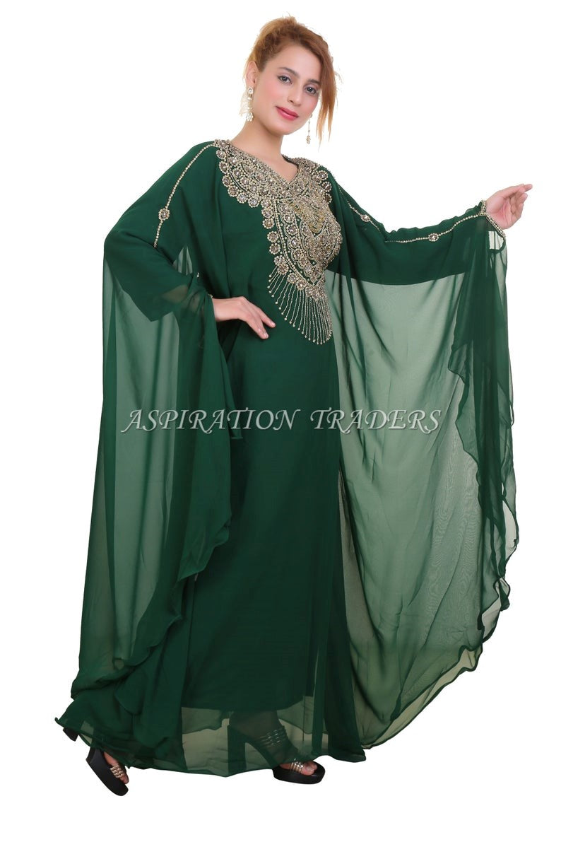 New Designer Bottle Green Party Wear With Beaded Chiffon Kaftan For Women - K063