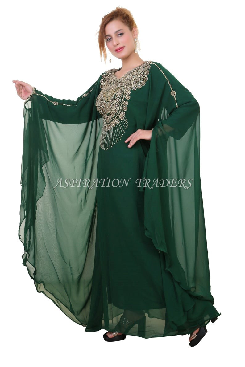 New Designer Bottle Green Party Wear With Beaded Chiffon Kaftan For Women - K063