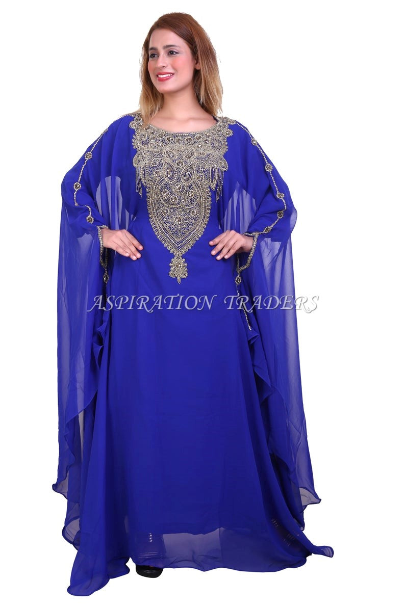 African Dress High Quality  Stone Beaded Dubai Abaya Royal Blue Chiffon Kaftan with inner belt- K064