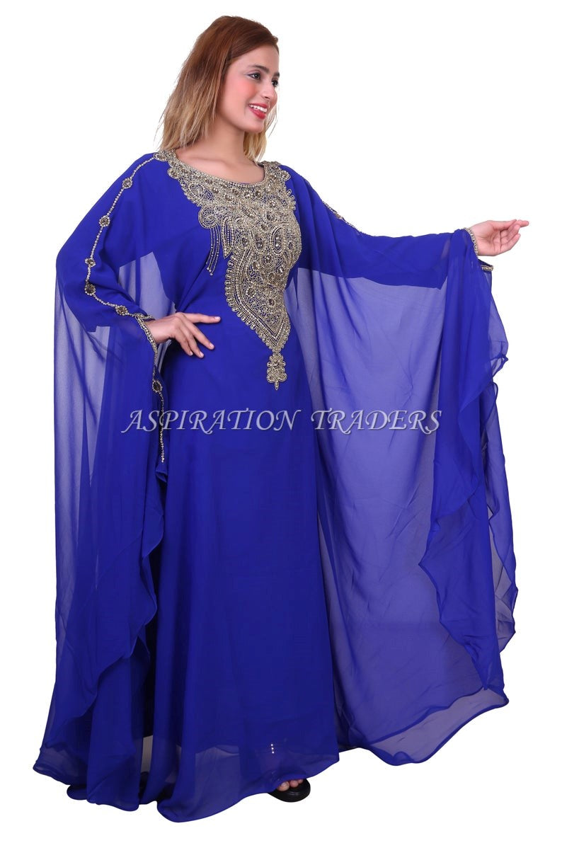 African Dress High Quality  Stone Beaded Dubai Abaya Royal Blue Chiffon Kaftan with inner belt- K064