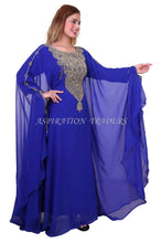 Load image into Gallery viewer, African Dress High Quality  Stone Beaded Dubai Abaya Royal Blue Chiffon Kaftan with inner belt- K064
