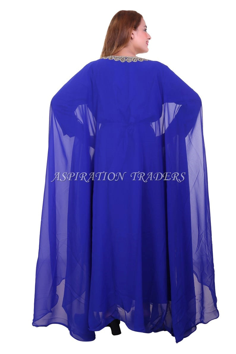 African Dress High Quality  Stone Beaded Dubai Abaya Royal Blue Chiffon Kaftan with inner belt- K064