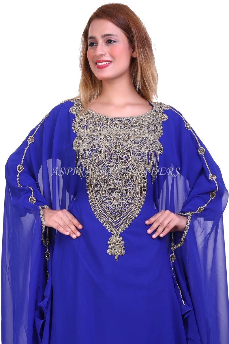 African Dress High Quality  Stone Beaded Dubai Abaya Royal Blue Chiffon Kaftan with inner belt- K064
