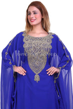 Load image into Gallery viewer, African Dress High Quality  Stone Beaded Dubai Abaya Royal Blue Chiffon Kaftan with inner belt- K064
