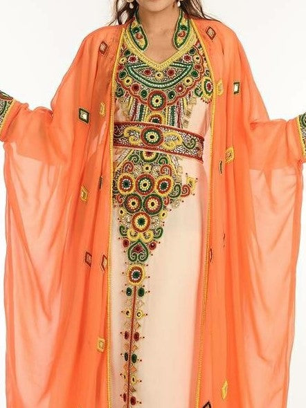 Dubai Style White color Beaded Muslim Kaftan with peach jacket Wedding Kaftan Gown - K066