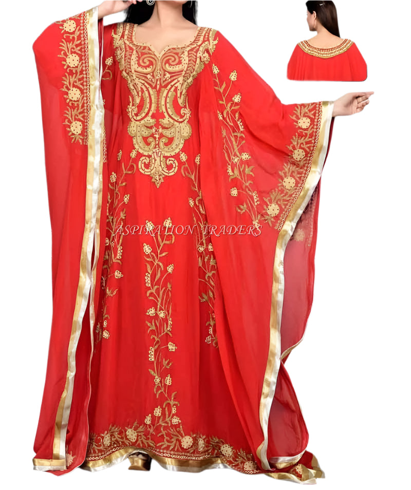 Red Color African Beaded Embroidery Party Wear Long Dubai Muslim Wedding Kaftan Dress - K070