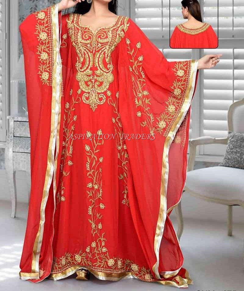 Red Color African Beaded Embroidery Party Wear Long Dubai Muslim Wedding Kaftan Dress - K070