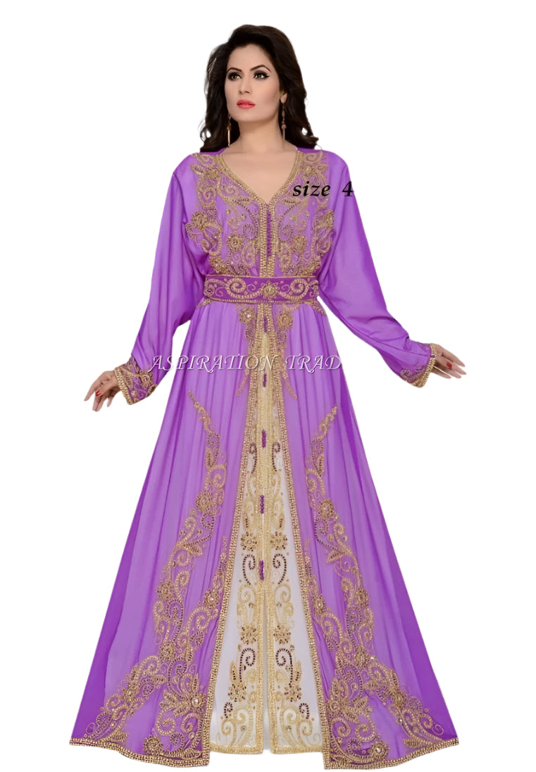 New Beaded Evening Party Wear Lilac color Kaftan Dress with belt for Women - K071
