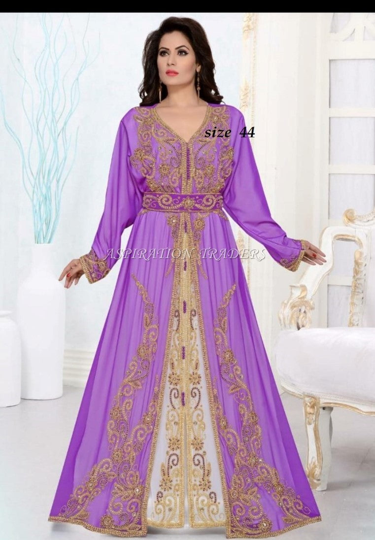 New Beaded Evening Party Wear Lilac color Kaftan Dress with belt for Women - K071