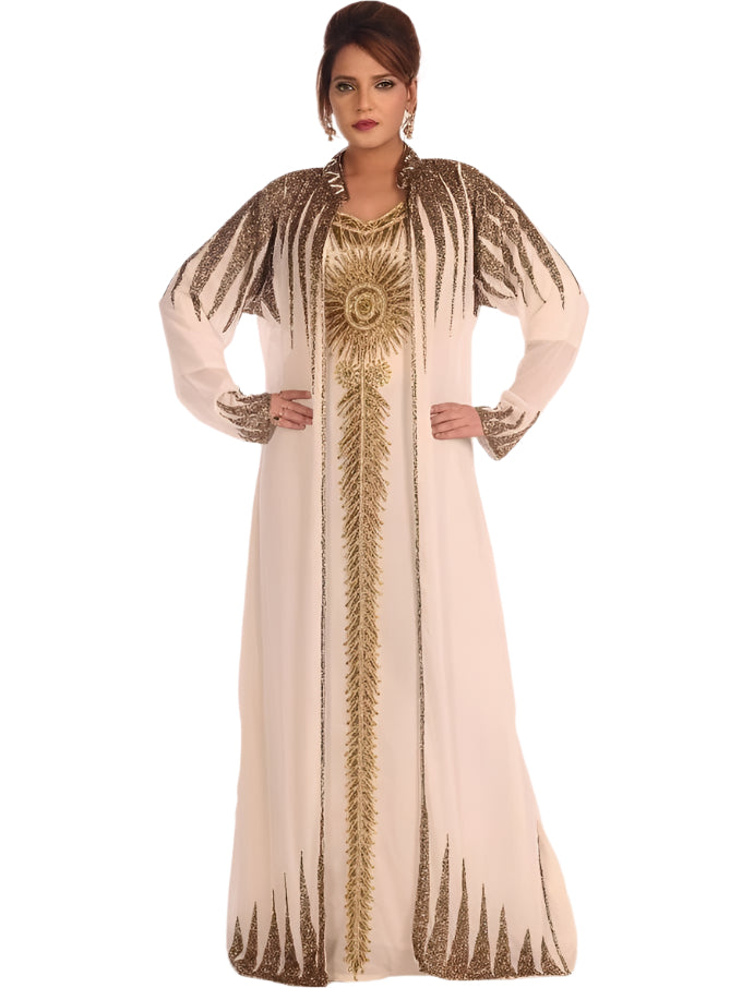 Party Wear Cream Color Designer Long Jacket Beaded Work Dress Kaftan for Women