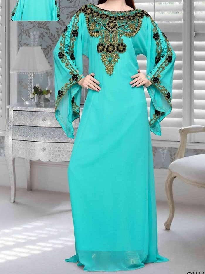 New Fashionable Women’s Foam Floral Beaded Evening Dress Dubai Chiffon Kaftan - K078