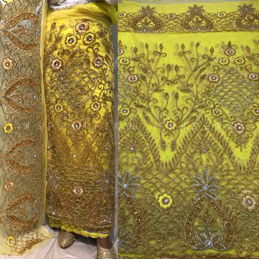Latest New Design African Bride Yellow Net Fabric George wrapper Set  - NLDG046