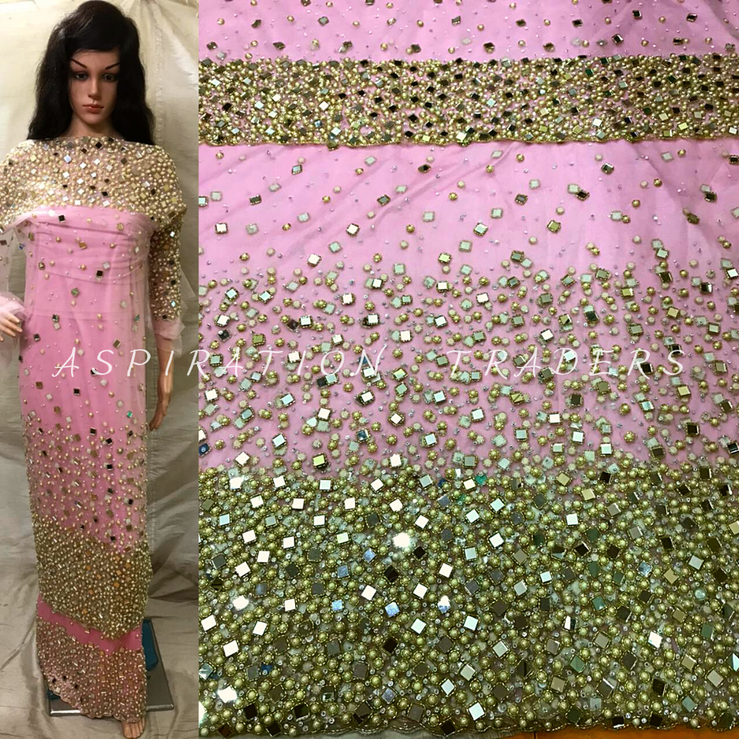 Beautiful Mirror work heavy Beaded Lace Designer George wrapper for wedding - NLDG048