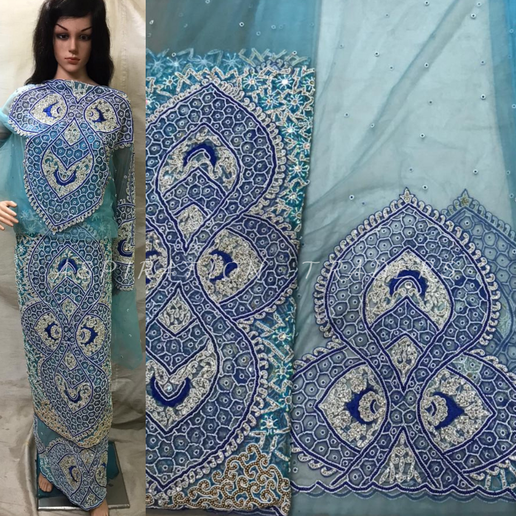 SKY BLUE color Net Lace Designer George Set Shine Thread & Solid beads work  - NLDG053