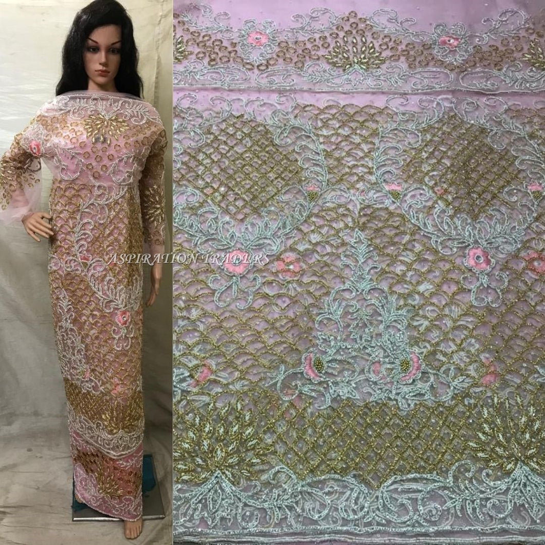 Baby Pink Crystal Work Net Lace Designer African George Wrapper set - NLDG059