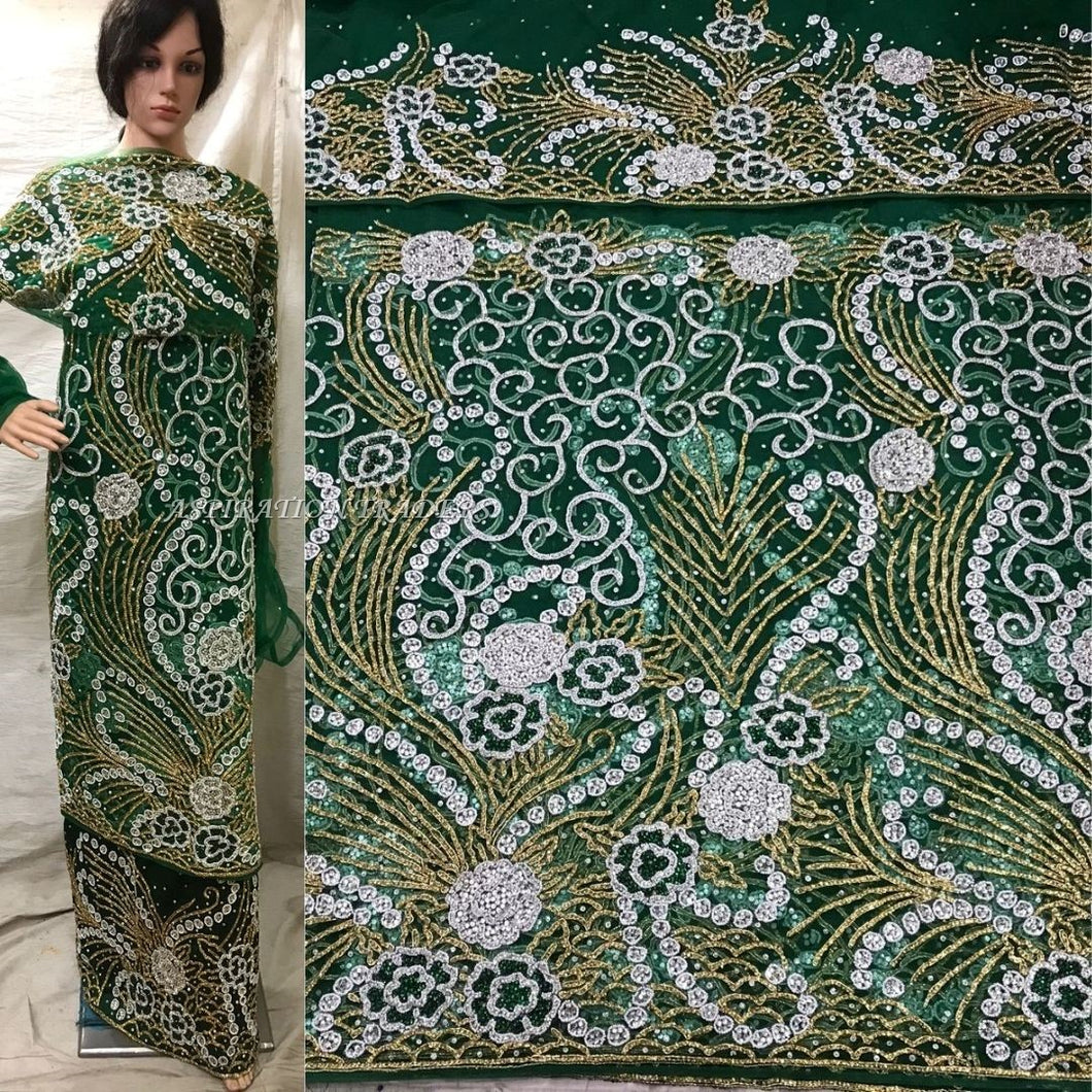 Dark Green Heavy Beaded Net Lace Designer George with Blouse - NLDG060