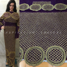 Load image into Gallery viewer, DARK MAGENTA Color heavily Golden Stone Beaded Net George wrapper set - NLDG061
