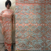 Load image into Gallery viewer, Sweet Peach color White Crystal Stone Beaded Net Lace George wrapper set - NLDG062
