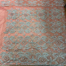 Load image into Gallery viewer, Sweet Peach color White Crystal Stone Beaded Net Lace George wrapper set - NLDG062
