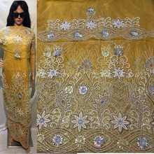 Load image into Gallery viewer, Mustard Yellow Golden NET Lace Hand Work Beaded George Wrapper set  - NLDG071
