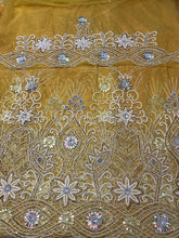 Load image into Gallery viewer, Mustard Yellow Golden NET Lace Hand Work Beaded George Wrapper set  - NLDG071
