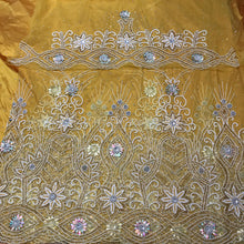 Load image into Gallery viewer, Mustard Yellow Golden NET Lace Hand Work Beaded George Wrapper set  - NLDG071
