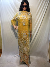 Load image into Gallery viewer, Mustard Yellow Golden NET Lace Hand Work Beaded George Wrapper set  - NLDG071
